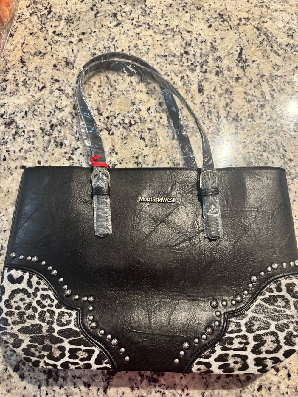 Montana West Black Tote with Leopard Accent and Studs